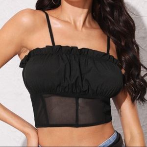 XS Shein Solid Contrast Mesh Frill Trim Cami Top